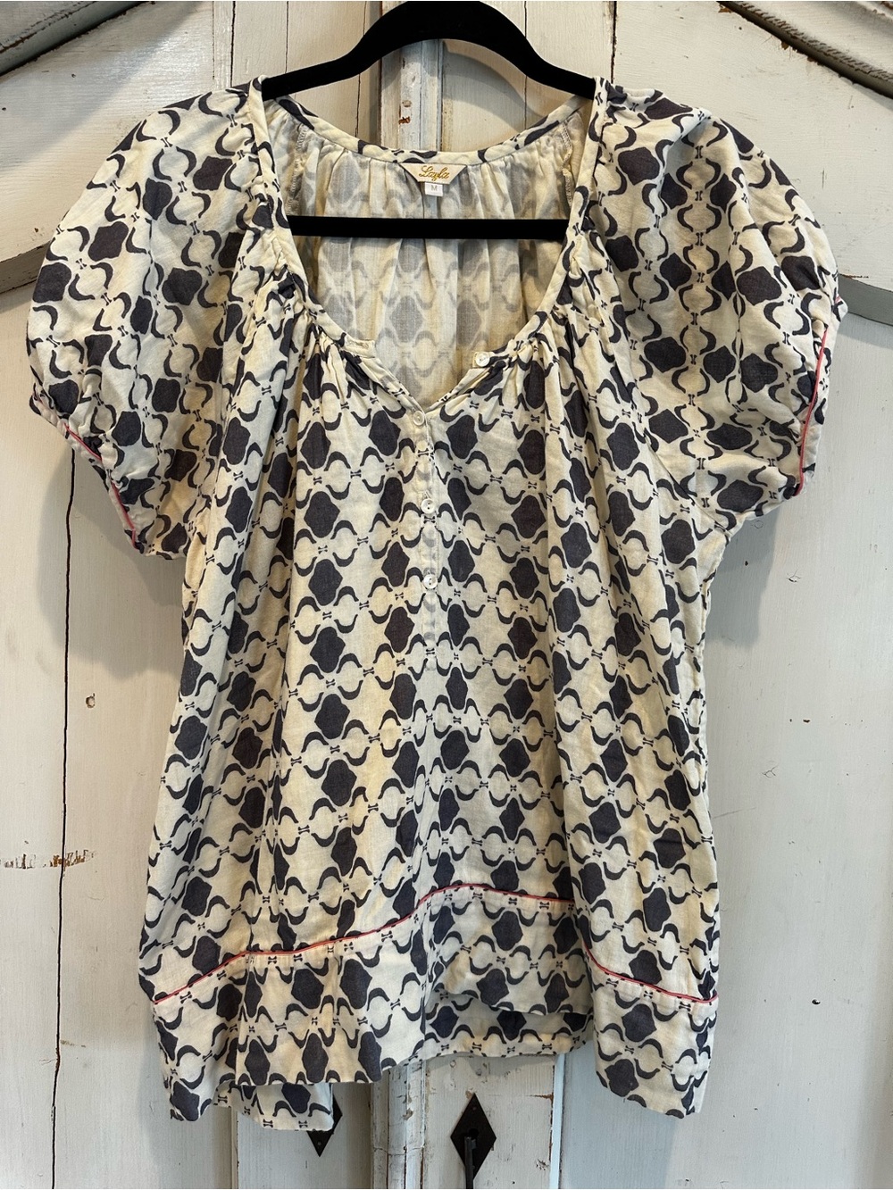 Printed Puff-Sleeve Blouse in Navy and White